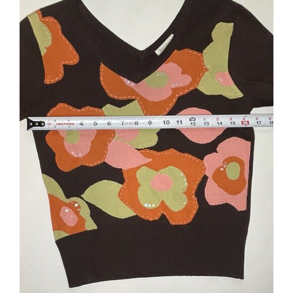 By Artisan 100% Silk Pullover Flower Sweater Boho 70’s Brown Women’s Medium - Picture 5 of 6